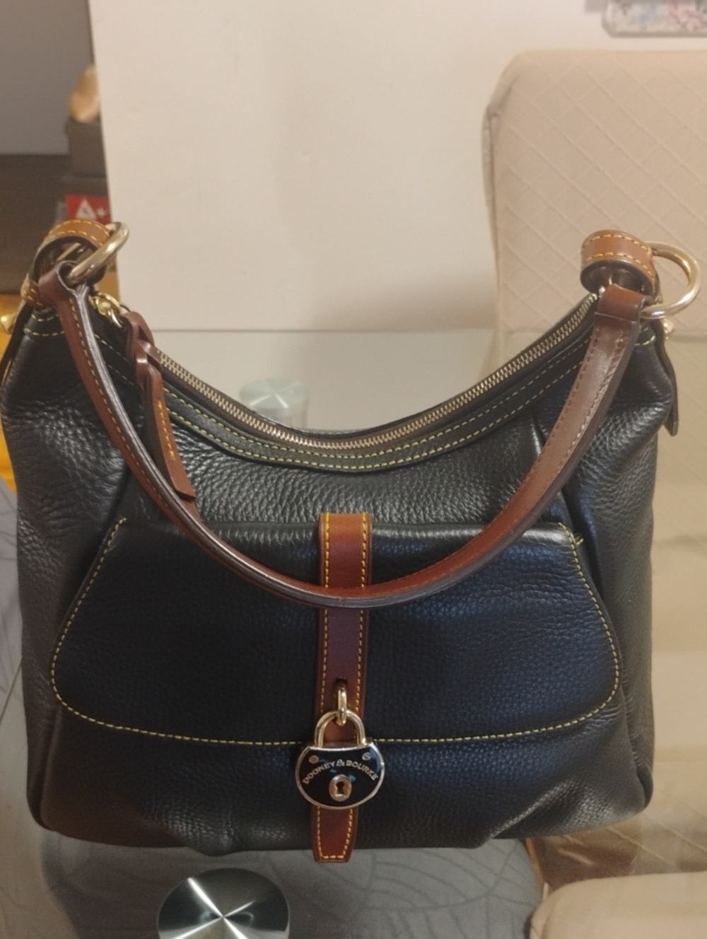 Dooney & Bourke Black Leather Shoulder Bag with Brown Trim